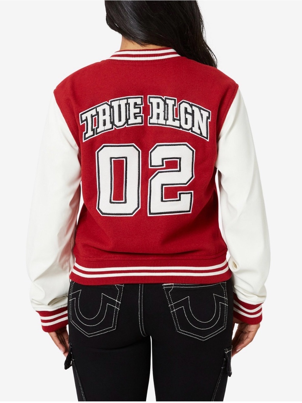 NWT Women’s True Religion Red and White Varsity Jacket with '02' Back